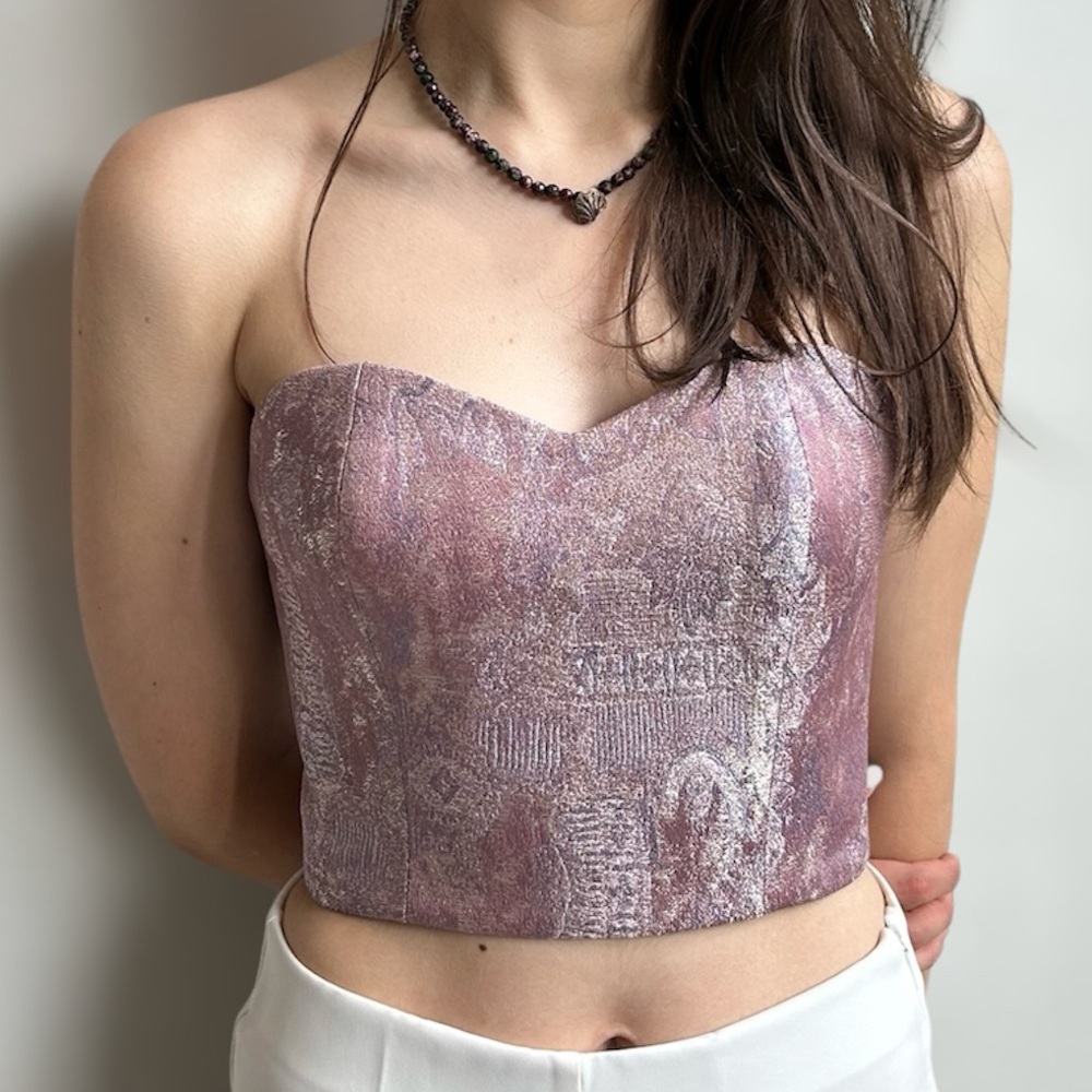 Silver Pink Luminous Luxe Elegant Crop Top Corset Vintage Tapestry Handmade